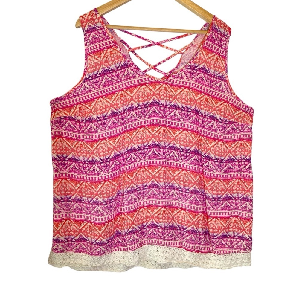 EYESHADOW Women plus sz 2X pink purple pattern lightweight tank crisscross back